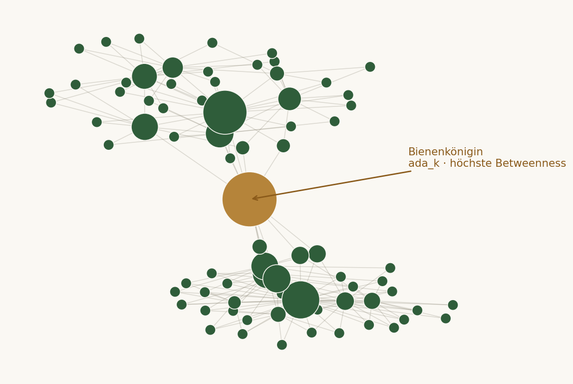 Network of an open-source community, nodes scaled by betweenness centrality, the central person highlighted